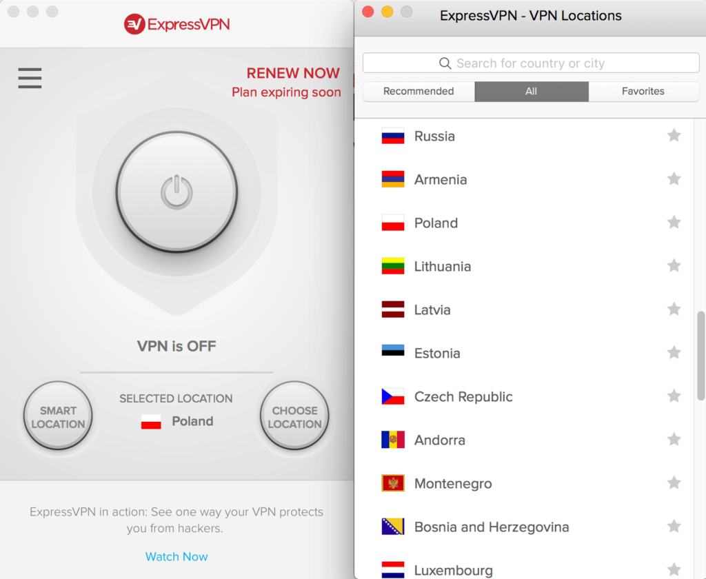 Zrzut ekranu aplikacji ExpressVPN