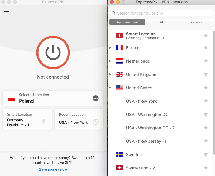Wybór lokalizacji serwera VPN do Netflixa - np. USA