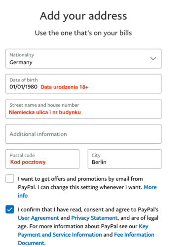 Wprowadzenie adresu w PayPal
